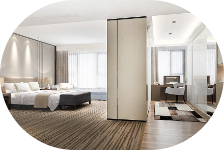 Yataq sahəsini iş zonası ilə ayıran bölmə divarı olan müasir yataq otağı interyeri.