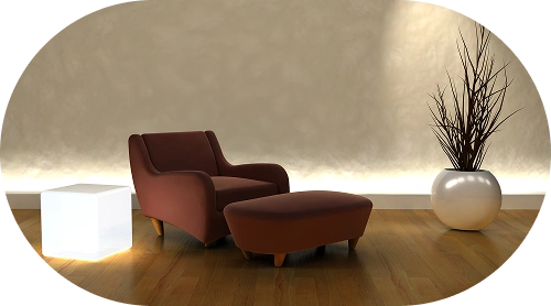 Müasir interyer küncündə rahat kreslo, puf və dekorativ işıqlandırma evdə rahat yaşayış məkanı atmosferi yaradır.